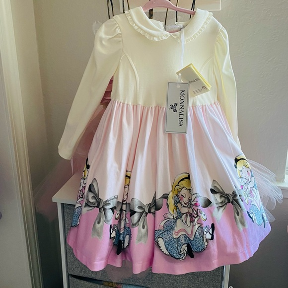 NWT! Monnalisa Ivory & pink Disney Alice & Wonderland dress! Hard to find! - Picture 3 of 7